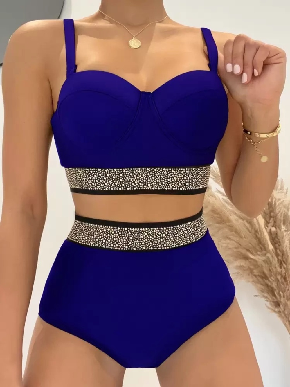 NWOT Royal Blue High-Waist Bikini Set with Embellished Waistband 3XL U75